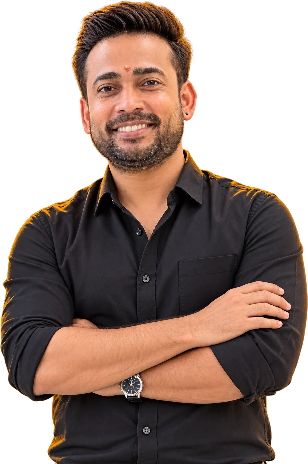 Abhinav Saraf, founder of PonyUp, in a black shirt with his arms crossed